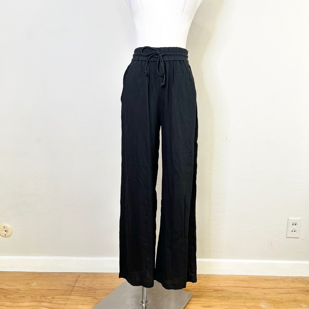 Halara‎ Wide Leg Drawstring Pants "Linen Like" Size XS Regular Black Viscose New